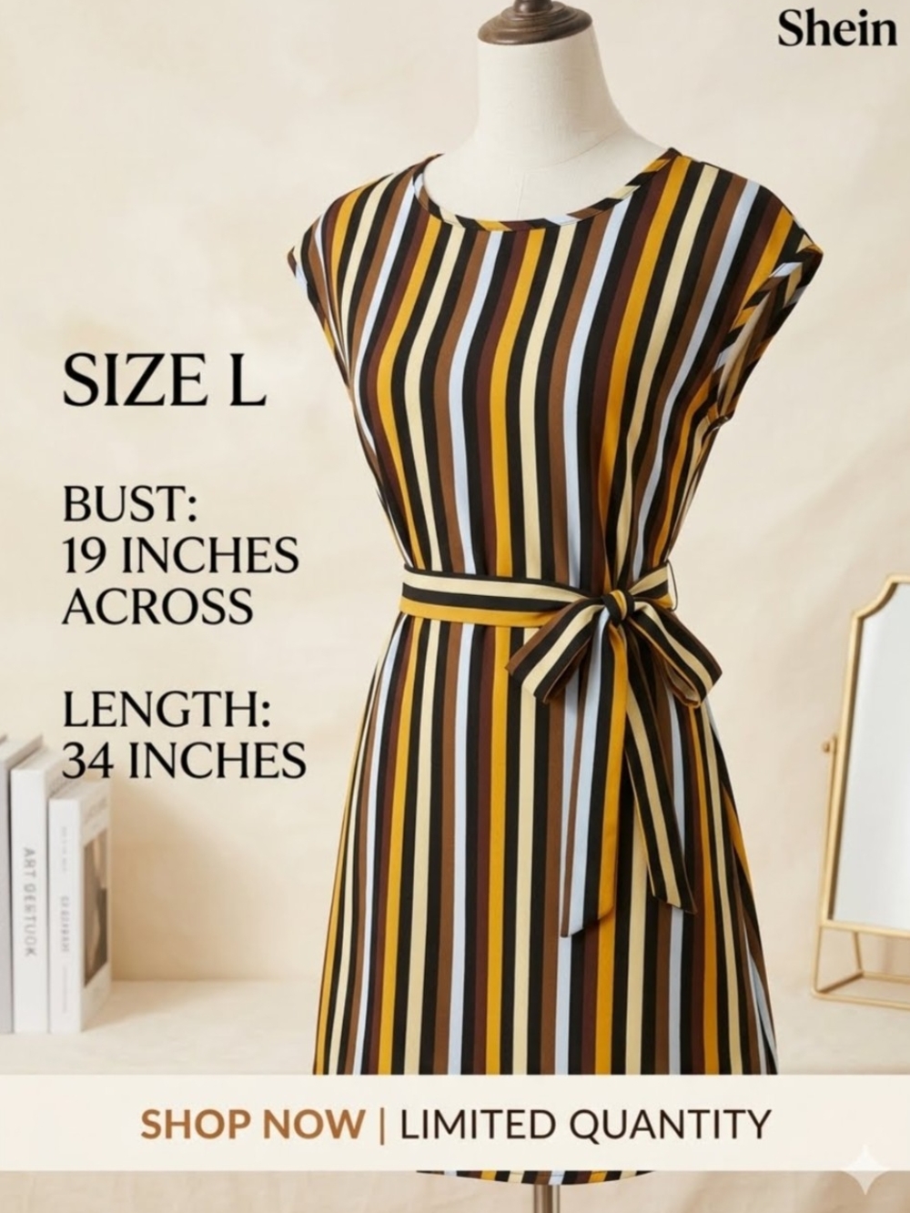 SHEIN Striped Belted Midi Dress in Mustard, Brown, Black & White L EUC